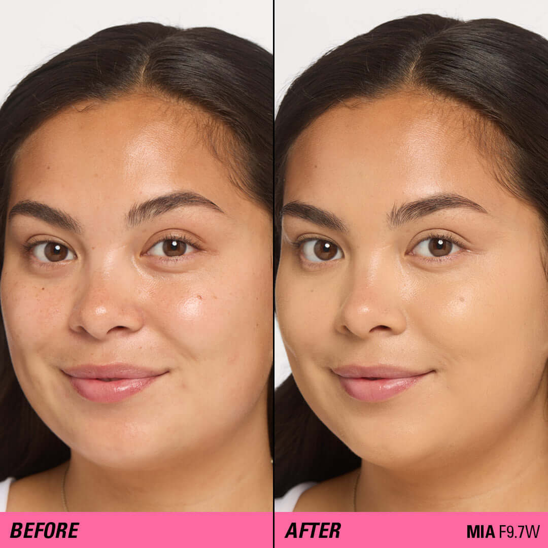 Before and after results using Revolution Superfix Blur Longwear Foundation for a flawless complexion.