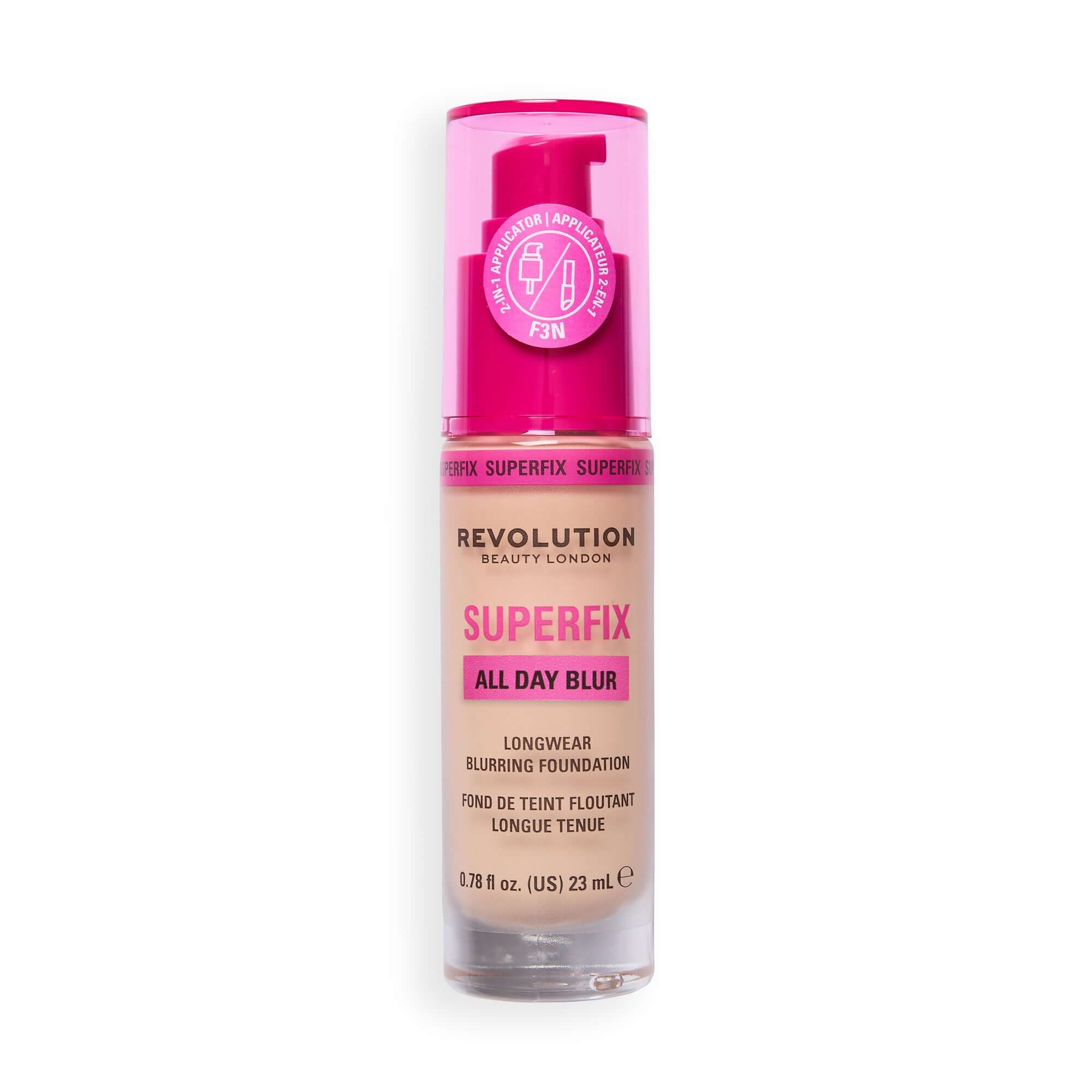 Revolution Superfix Blur Longwear Foundation in color F3N, featuring longwear coverage and soft-focus finish.