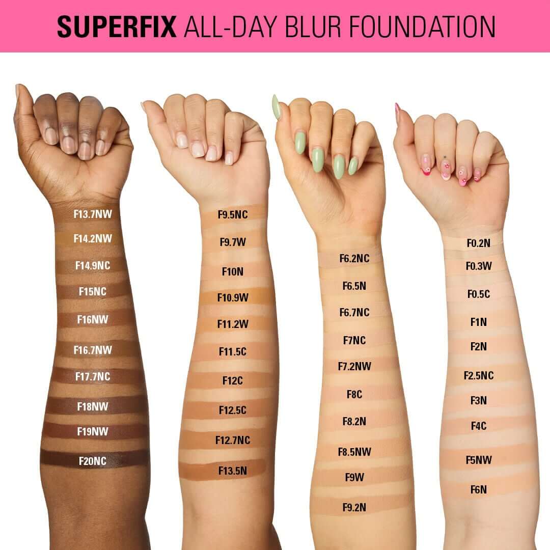 Revolution Superfix Blur Longwear Foundation shade swatches on diverse skin tones for perfect match selection.
