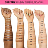 Revolution Superfix Blur Longwear Foundation shade swatches on diverse skin tones for perfect match selection.