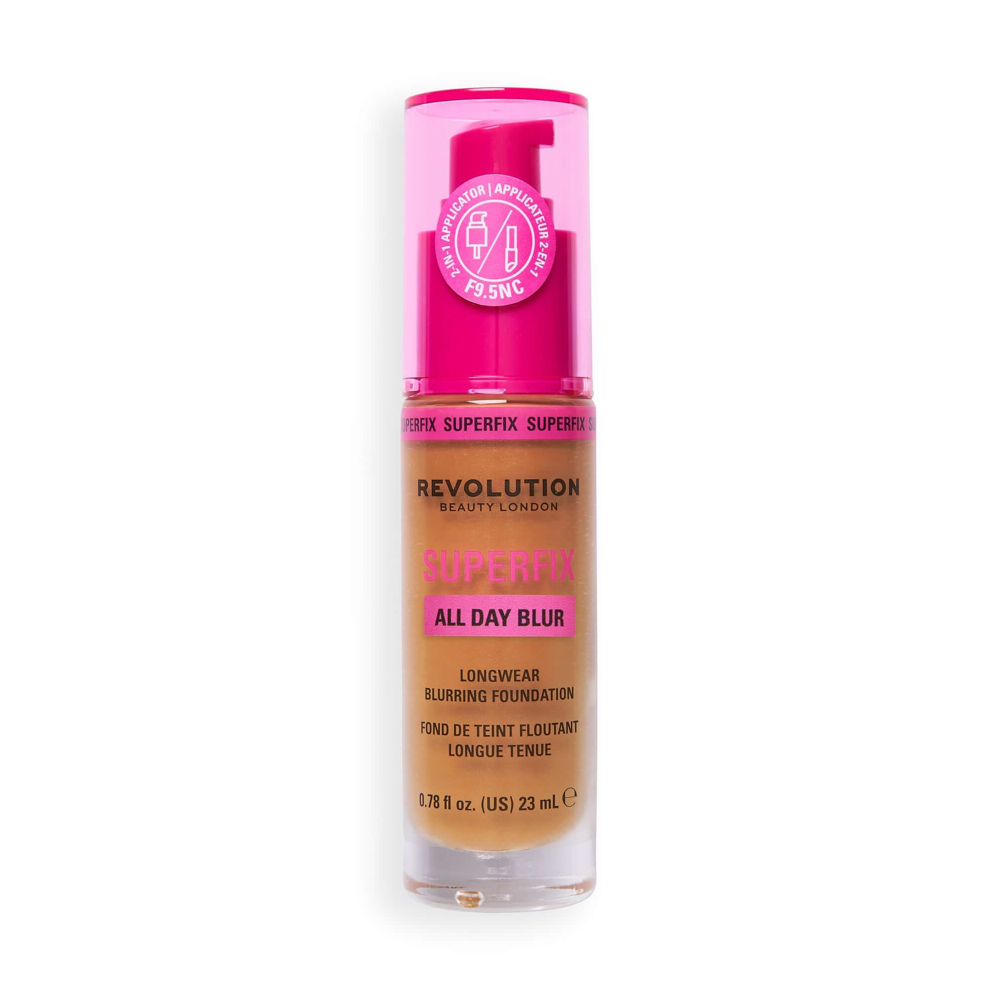 Revolution Superfix Blur Longwear Foundation F9.5NC in a clear bottle with pink cap and details.