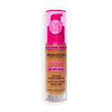 Revolution Superfix Blur Longwear Foundation F9.5NC in a clear bottle with pink cap and details.