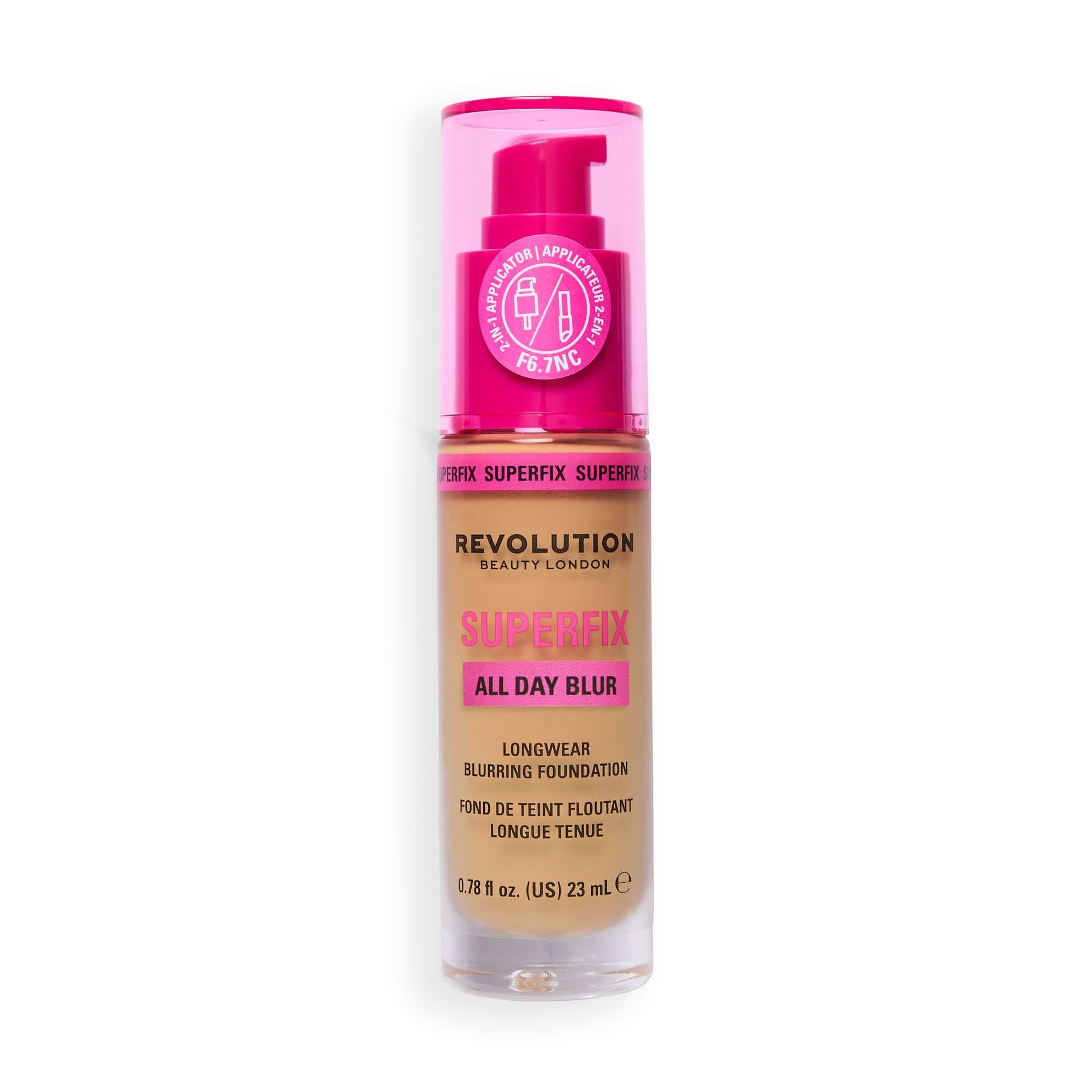 Revolution Superfix Blur Longwear Foundation in shade F6.7NC with soft matte finish and blurring effect for radiant skin.