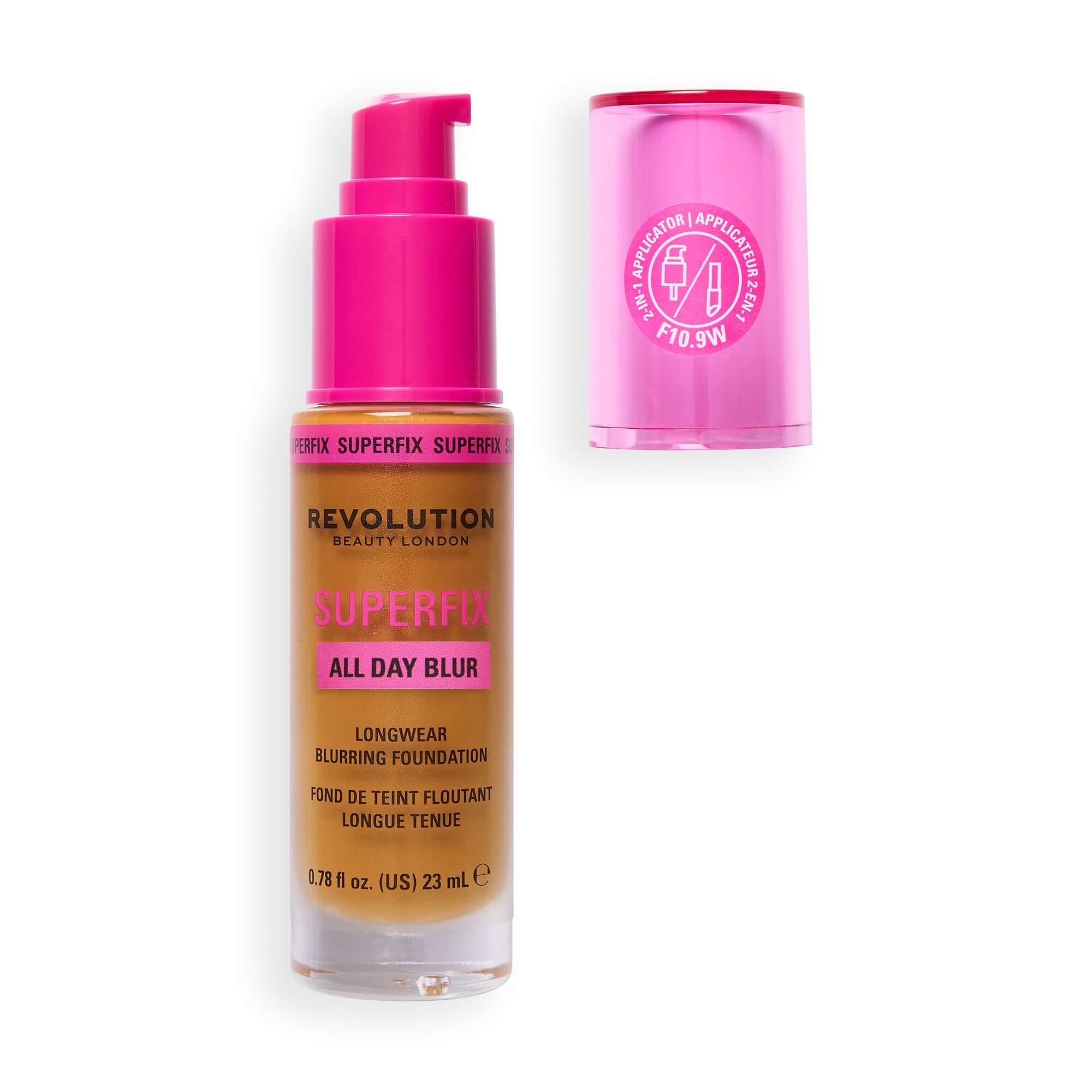 Revolution Superfix Blur Longwear Foundation bottle with pump and cap, showcasing its skin-perfecting formula.