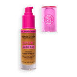 Revolution Superfix Blur Longwear Foundation bottle with pump and cap, showcasing its skin-perfecting formula.