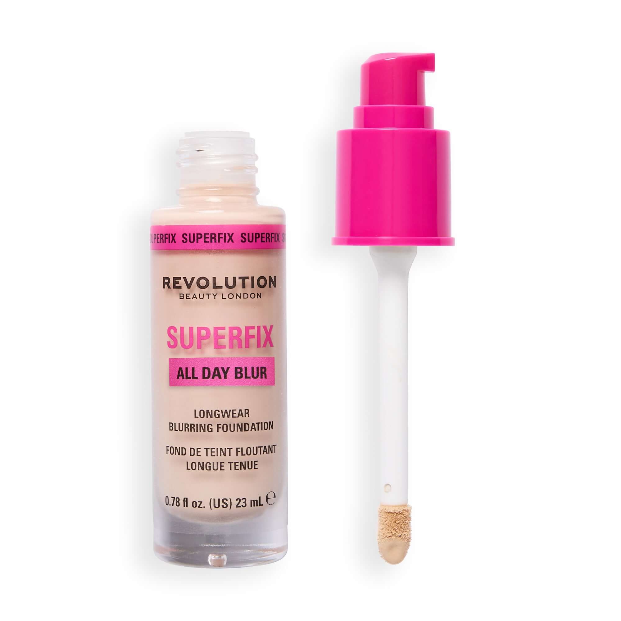 Revolution Superfix Blur Longwear Foundation bottle with pink pump, showcasing soft matte finish and longwear blurring properties.