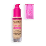 Revolution Superfix Blur Longwear Foundation bottle with pump and cap, showcasing skin-perfecting soft matte finish.