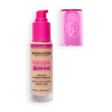 Revolution Superfix Blur Longwear Foundation in a pump bottle with pink lid, showcasing longwear blurring properties.