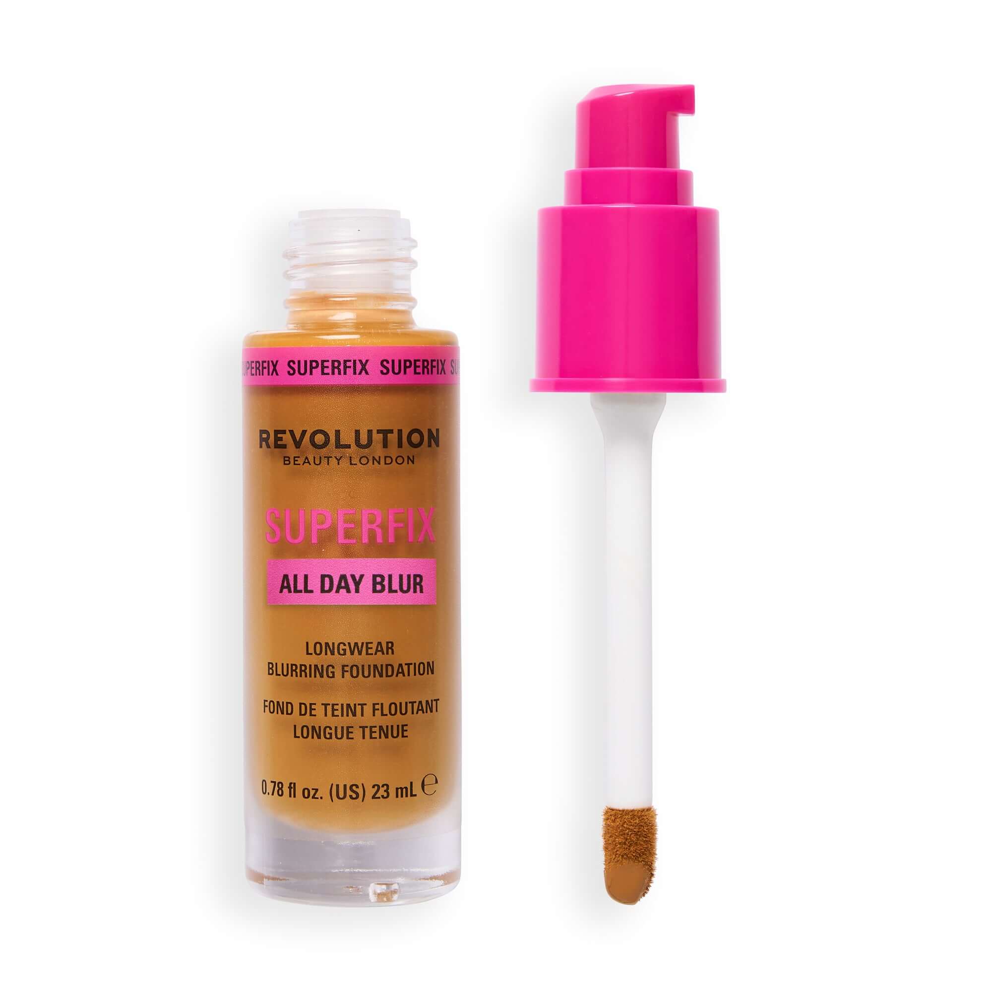 Revolution Superfix Blur Longwear Foundation in a bottle with a pump applicator, providing longwear blurring coverage.