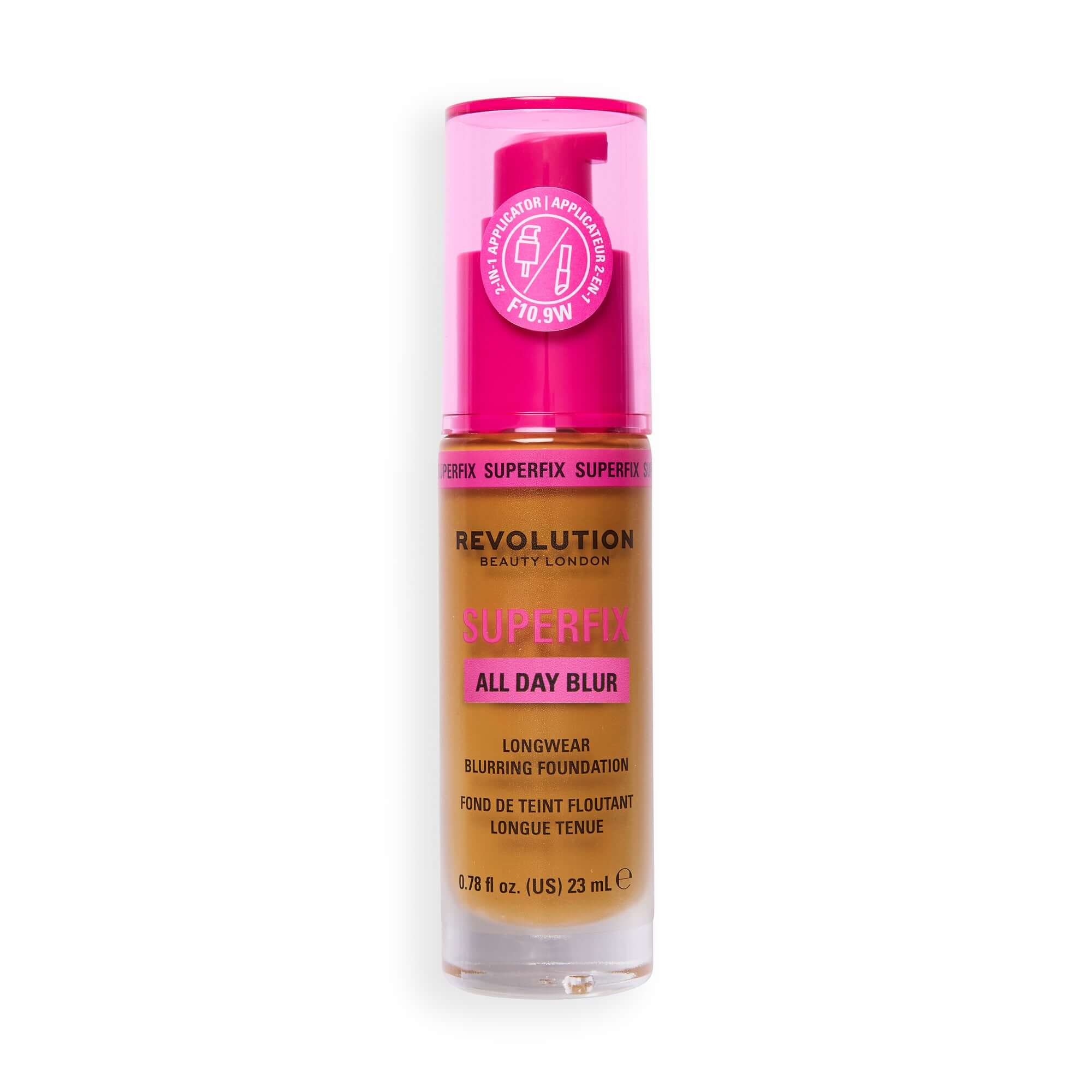 Revolution Superfix Blur Longwear Foundation F10.9W bottle with pink pump, skin-perfecting matte finish
