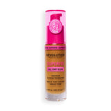 Revolution Superfix Blur Longwear Foundation F10.9W bottle with pink pump, skin-perfecting matte finish