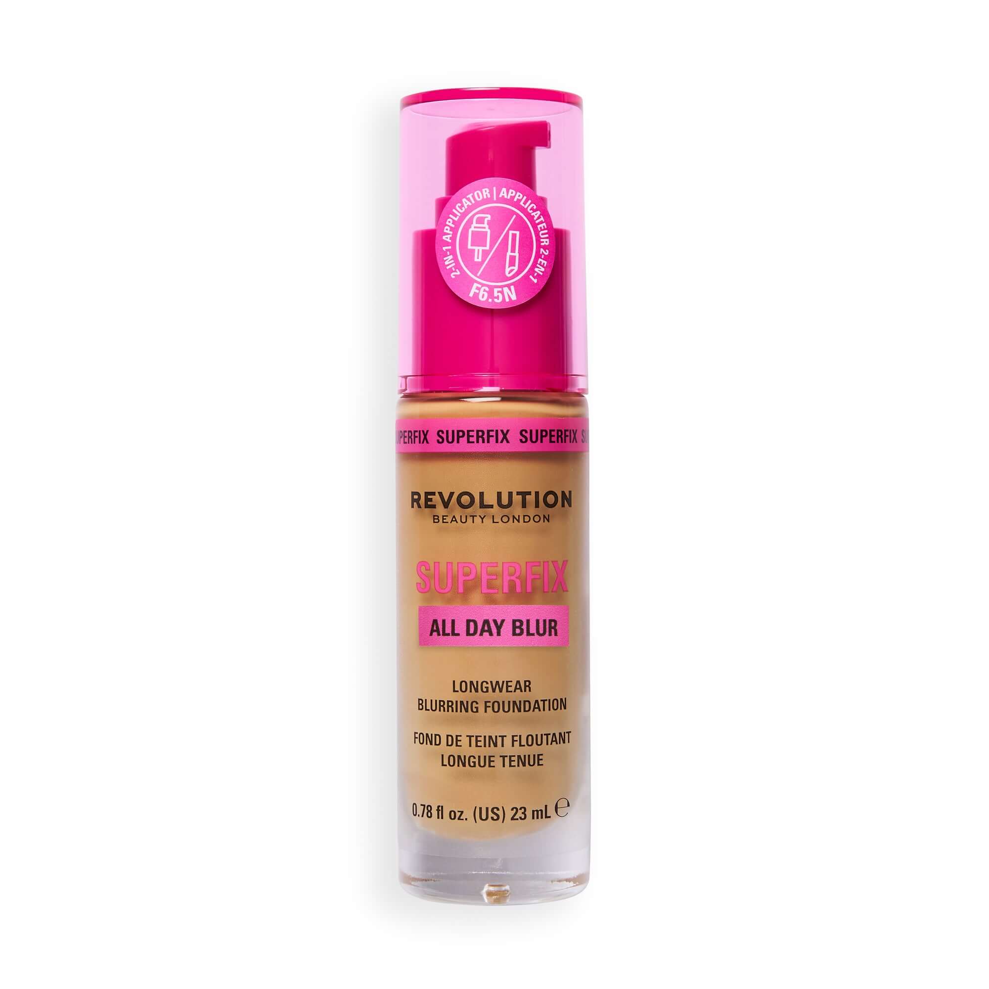 Revolution Superfix Blur Longwear Foundation F6.5N packaging, soft matte finish for longwear coverage and hydration.