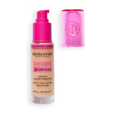 Revolution Superfix Blur Longwear Foundation bottle with pink cap showcasing blurring makeup benefits.