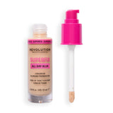 Revolution Superfix Blur Longwear Foundation bottle with pump, showcasing breathable longwear coverage and soft matte finish.