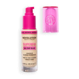 Revolution Superfix Blur Longwear Foundation bottle with pink lid and pump for all day blurring coverage.