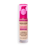 Revolution Superfix Blur Longwear Foundation F4C with pink cap and pump in soft matte finish for breathable coverage.
