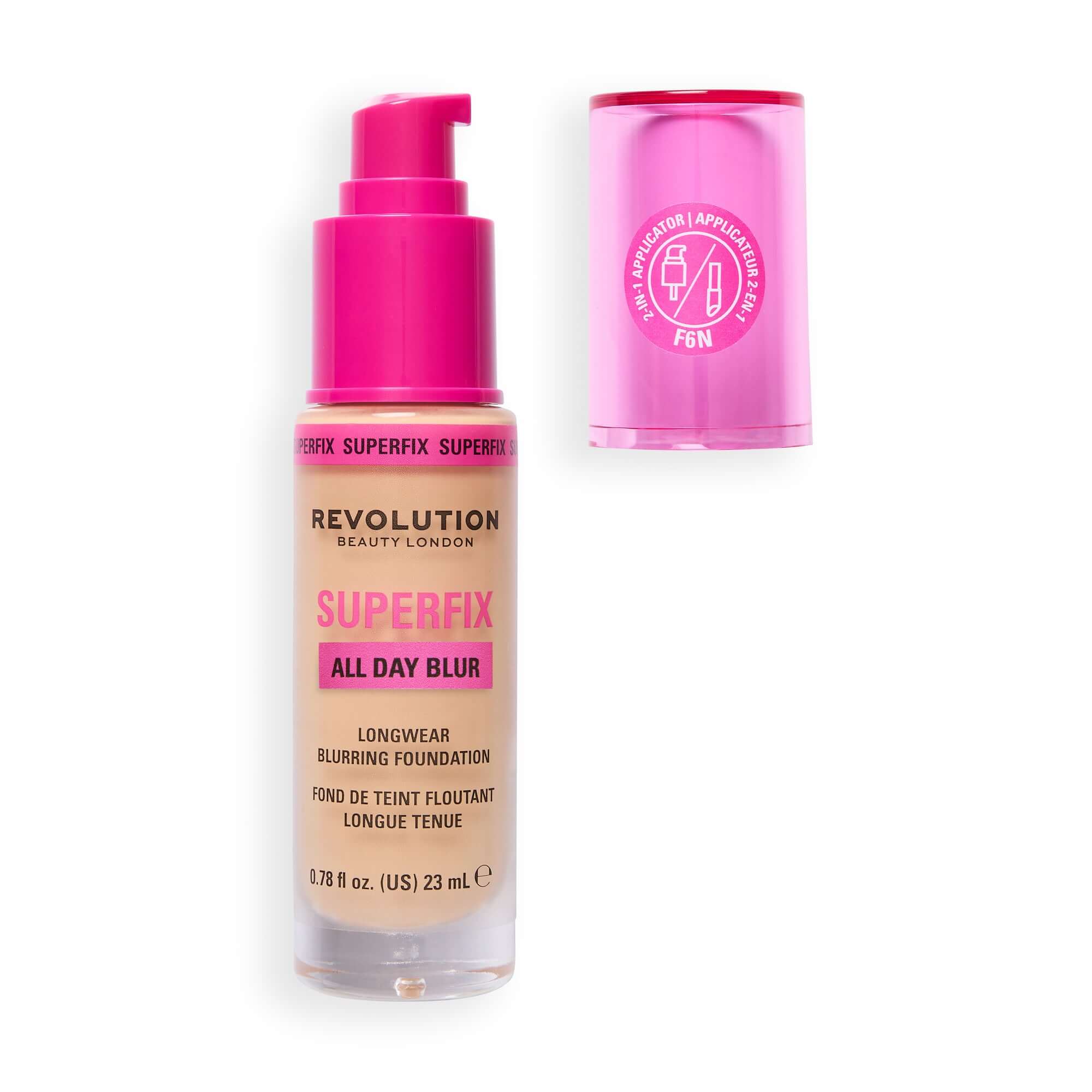 Revolution Superfix Blur Longwear Foundation in a bottle with pink pump, designed for all-day blur and longwear coverage.