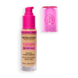 Revolution Superfix Blur Longwear Foundation with pump applicator and pink cap, designed for soft matte finish.