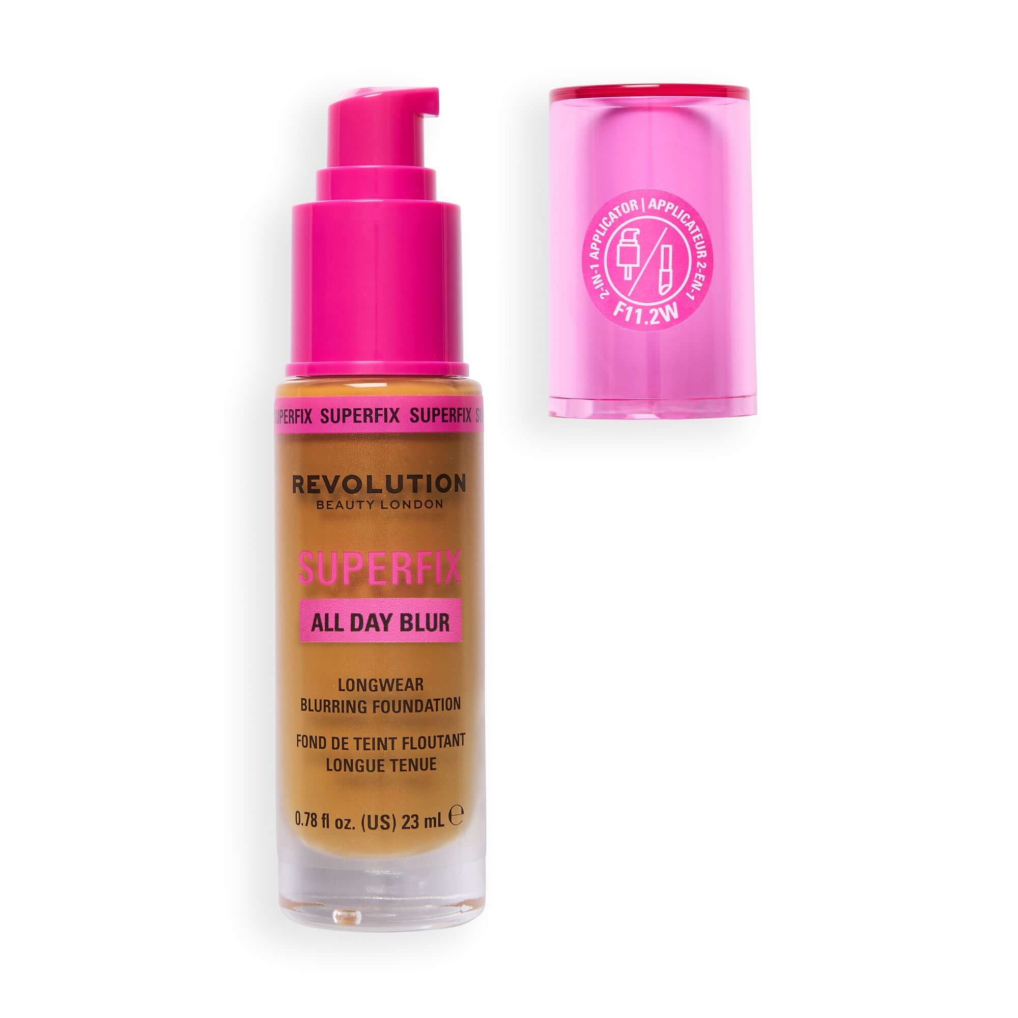 Revolution Superfix Blur Longwear Foundation bottle with pink cap for a skin-perfecting matte finish.