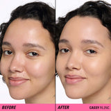 Before and after using Revolution Superfix Blur Longwear Foundation on skin for a smooth, even finish.