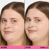 Before and after comparison showcasing Revolution Superfix Blur Longwear Foundation results on skin.