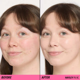 Before and after images showing skin transformation with Revolution Superfix Blur Longwear Foundation.