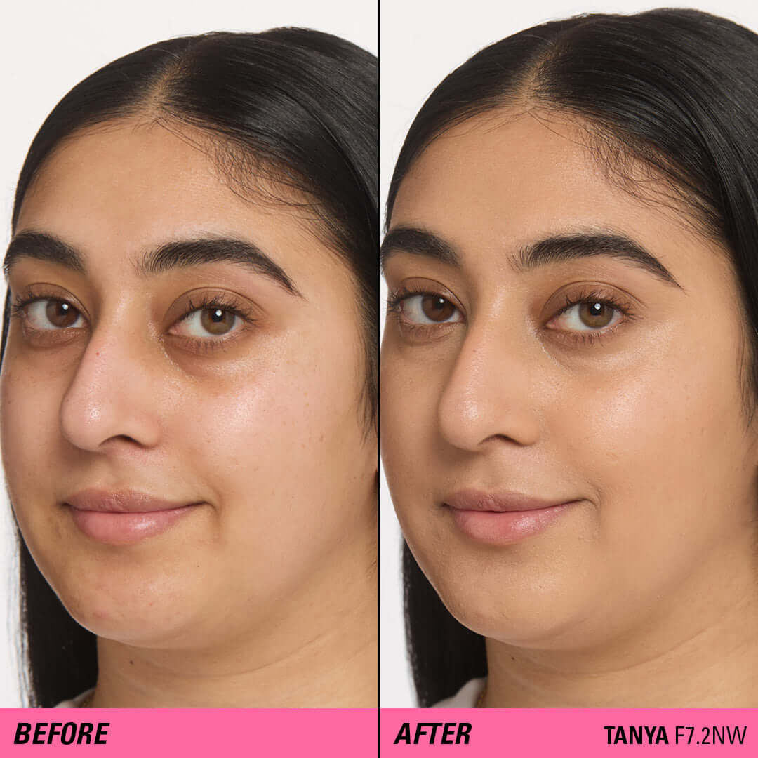 Before and after comparison using Revolution Superfix Blur Longwear Foundation for a flawless finish.