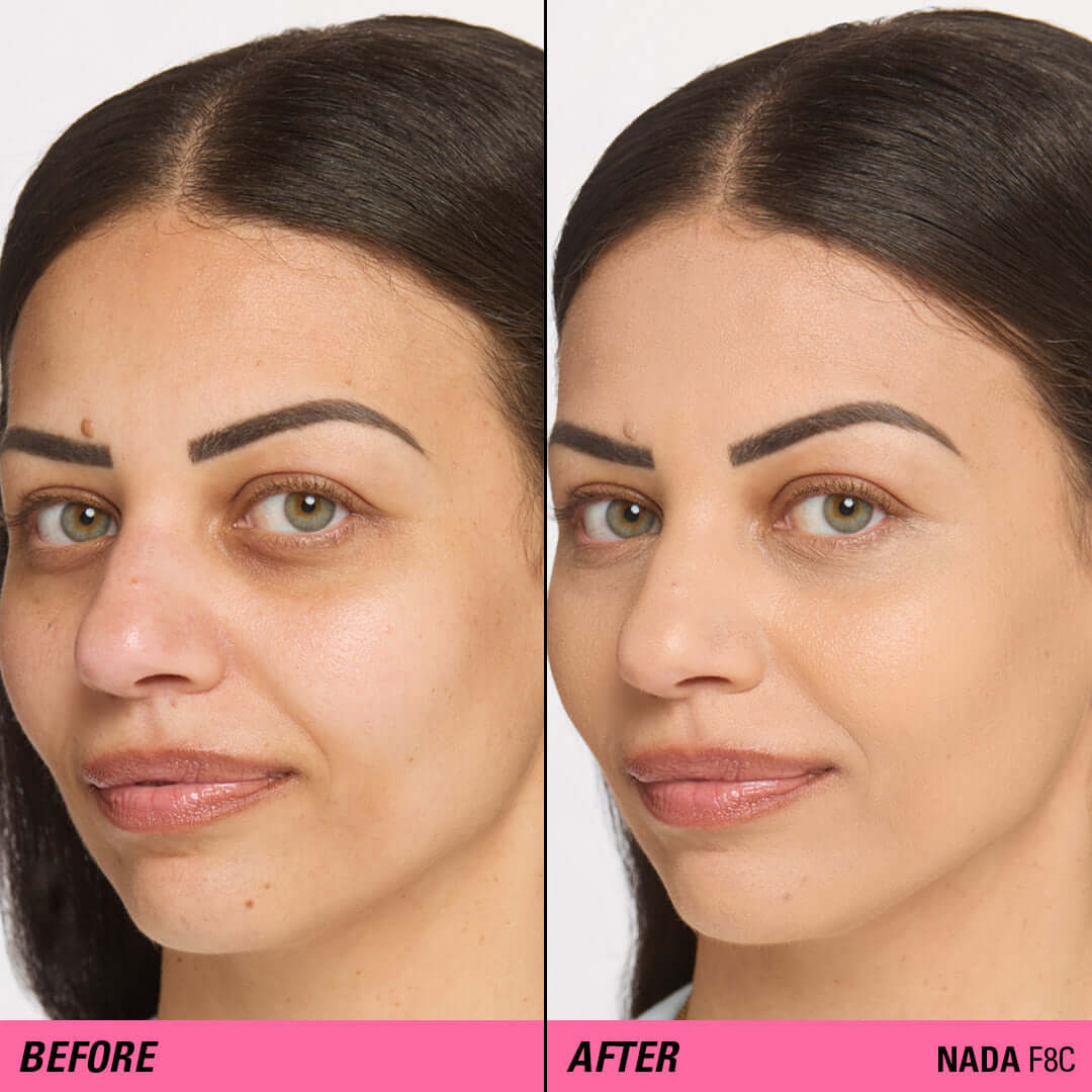 Before and after using Revolution Superfix Blur Longwear Foundation on a model's complexion.