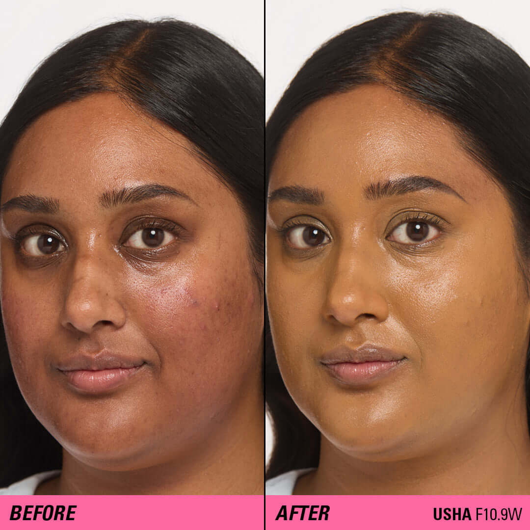 Before and after image showing transformation using Revolution Superfix Blur Longwear Foundation for a flawless finish.