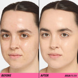 Before and after comparison using Revolution Superfix Blur Longwear Foundation on skin with imperfections.