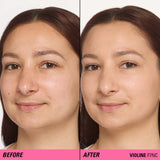 Before and after comparison showcasing the Revolution Superfix Blur Longwear Foundation on skin.