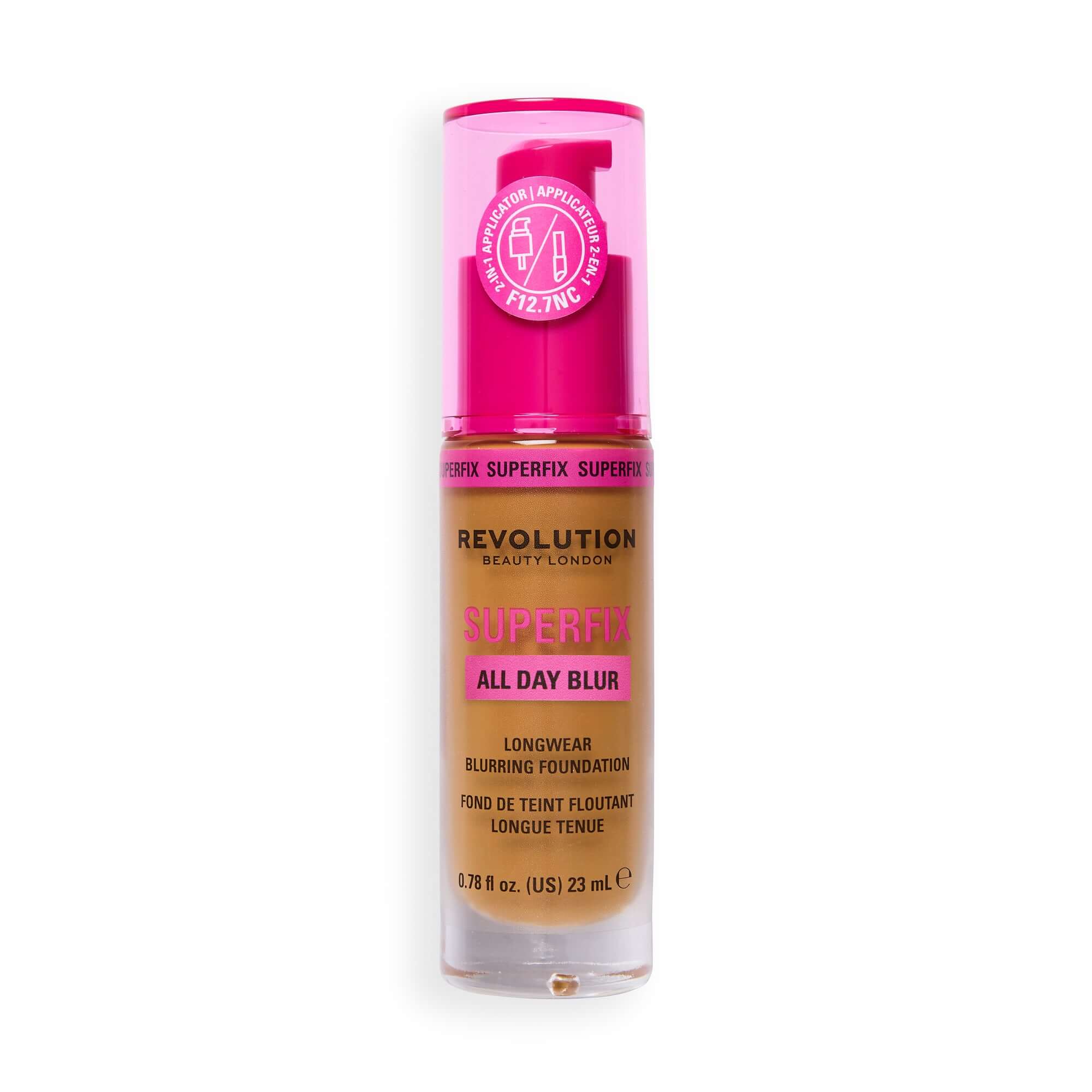 Revolution Superfix Blur Longwear Foundation in shade F12.7NC, featuring a soft matte finish and hydrating formula.