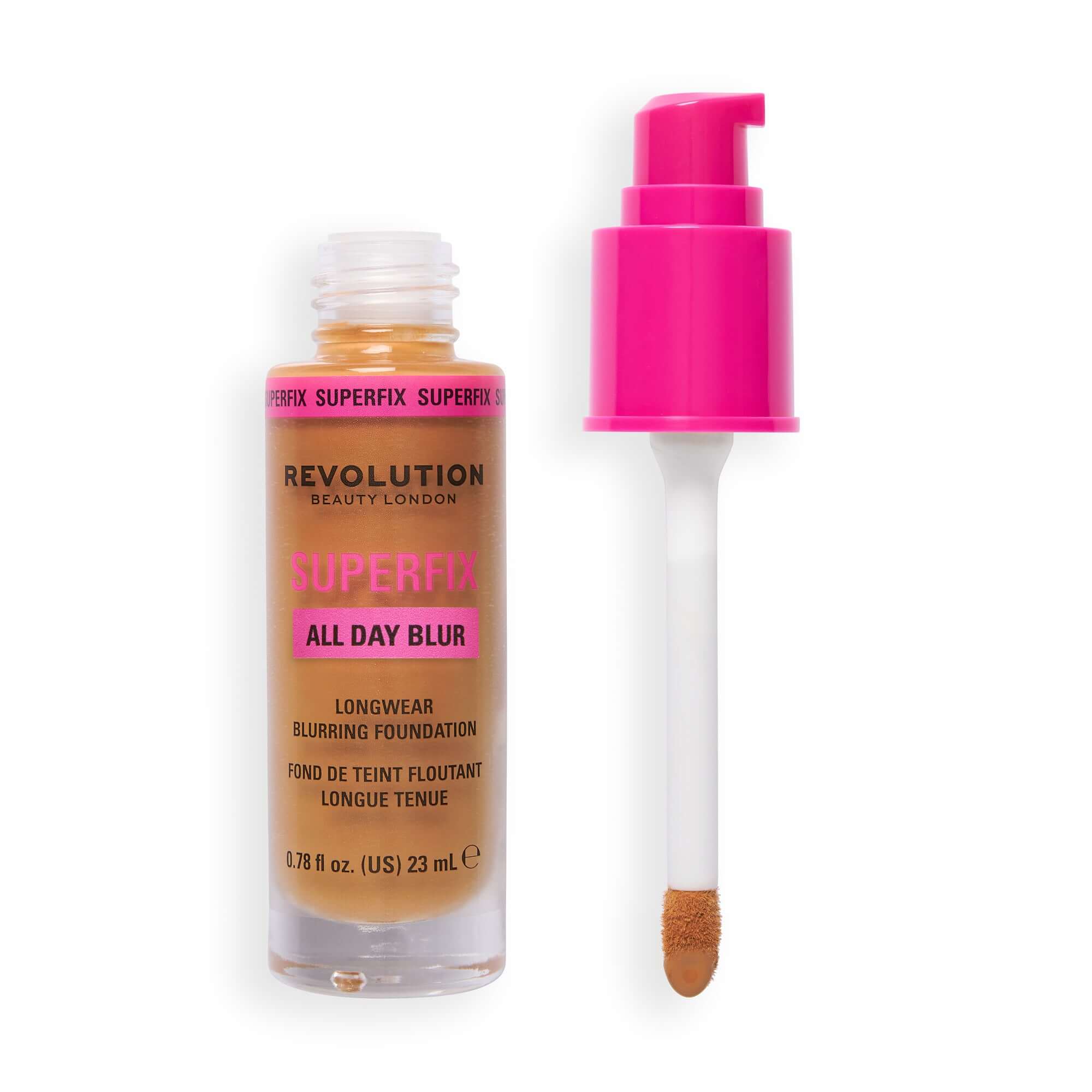 Revolution Superfix Blur Longwear Foundation bottle with pump, designed for breathable longwear coverage and soft matte finish.