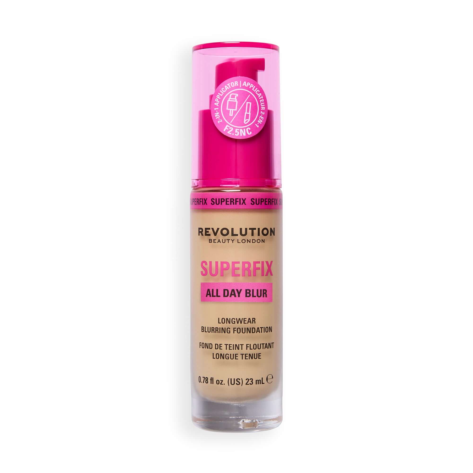 Revolution Superfix Blur Longwear Foundation F2.5NC displayed in a clear bottle with pink accents.