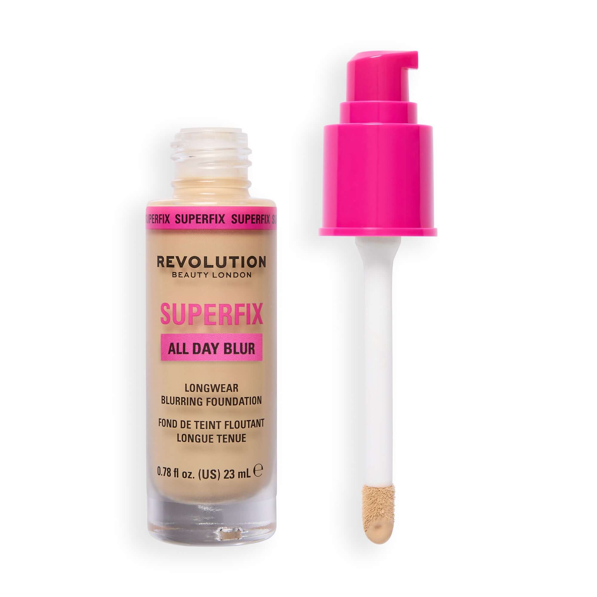 Revolution Superfix Blur Longwear Foundation bottle and applicator on a white background.
