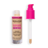 Revolution Superfix Blur Longwear Foundation bottle and applicator on a white background.
