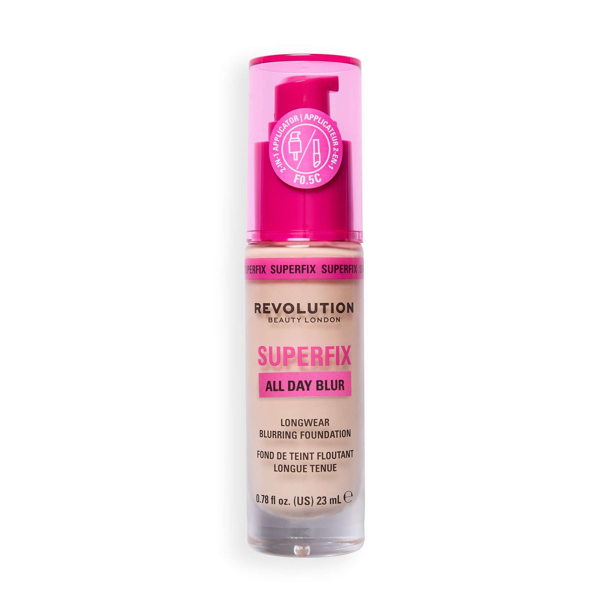 Revolution Superfix Blur Longwear Foundation F0.5C in a sleek bottle with a pink pump for flawless skin perfection.