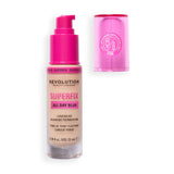 Revolution Superfix Blur Longwear Foundation in a bottle with pink pump and cap, ideal for longwear blurring coverage.