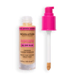 Revolution Superfix Blur Longwear Foundation in a bottle with a pump applicator, offering breathable coverage and a soft matte finish.
