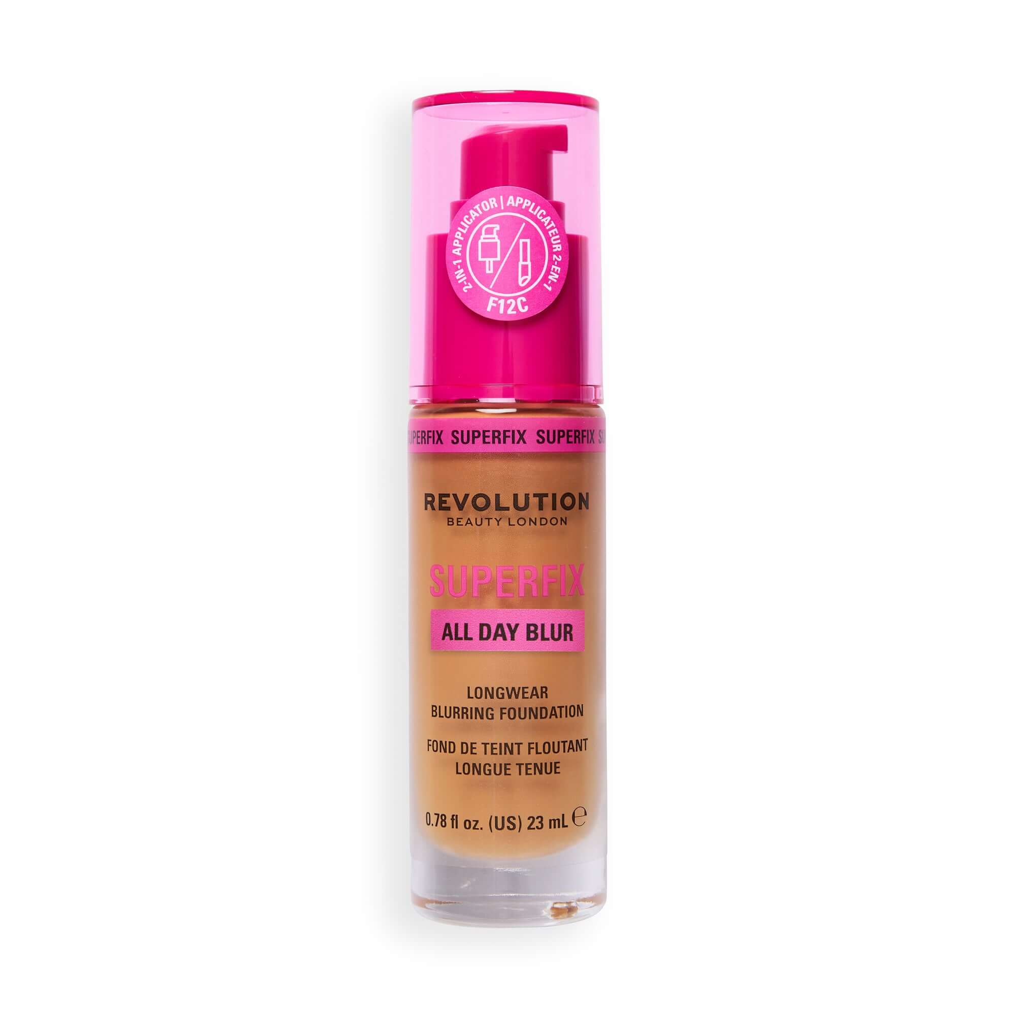 Revolution Superfix Blur Longwear Foundation F12C in a sleek bottle with a pink pump, offering breathable matte coverage.