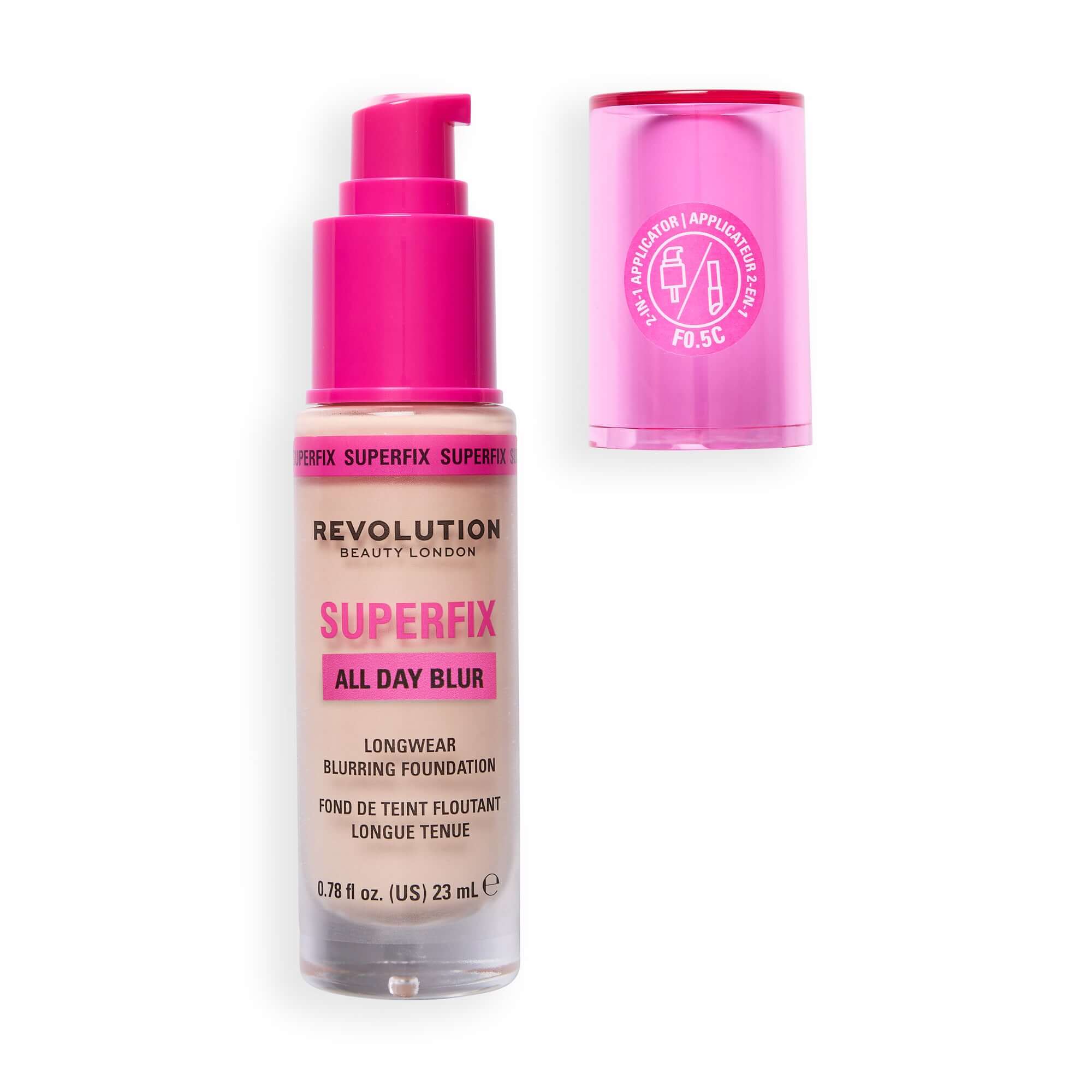 Revolution Superfix Blur Longwear Foundation bottle with pink lid and pump for all-day blurring and longwear coverage.