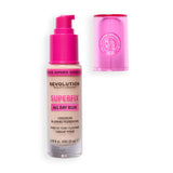 Revolution Superfix Blur Longwear Foundation bottle with pink lid and pump for all-day blurring and longwear coverage.