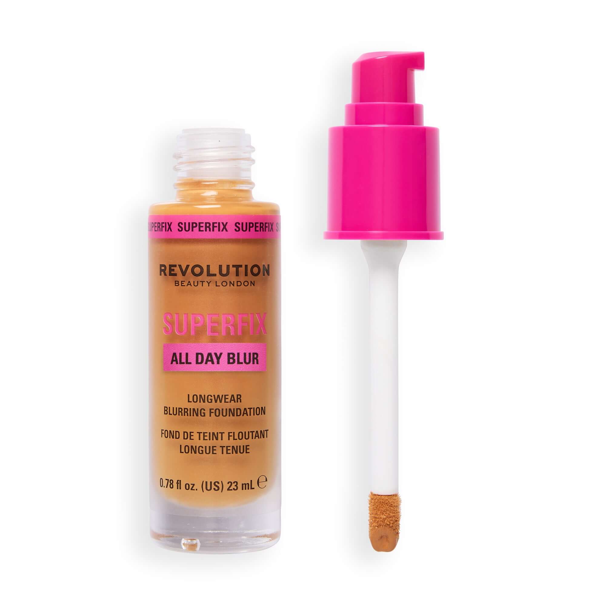 Revolution Superfix Blur Longwear Foundation in a bottle with a pump applicator for flawless coverage.