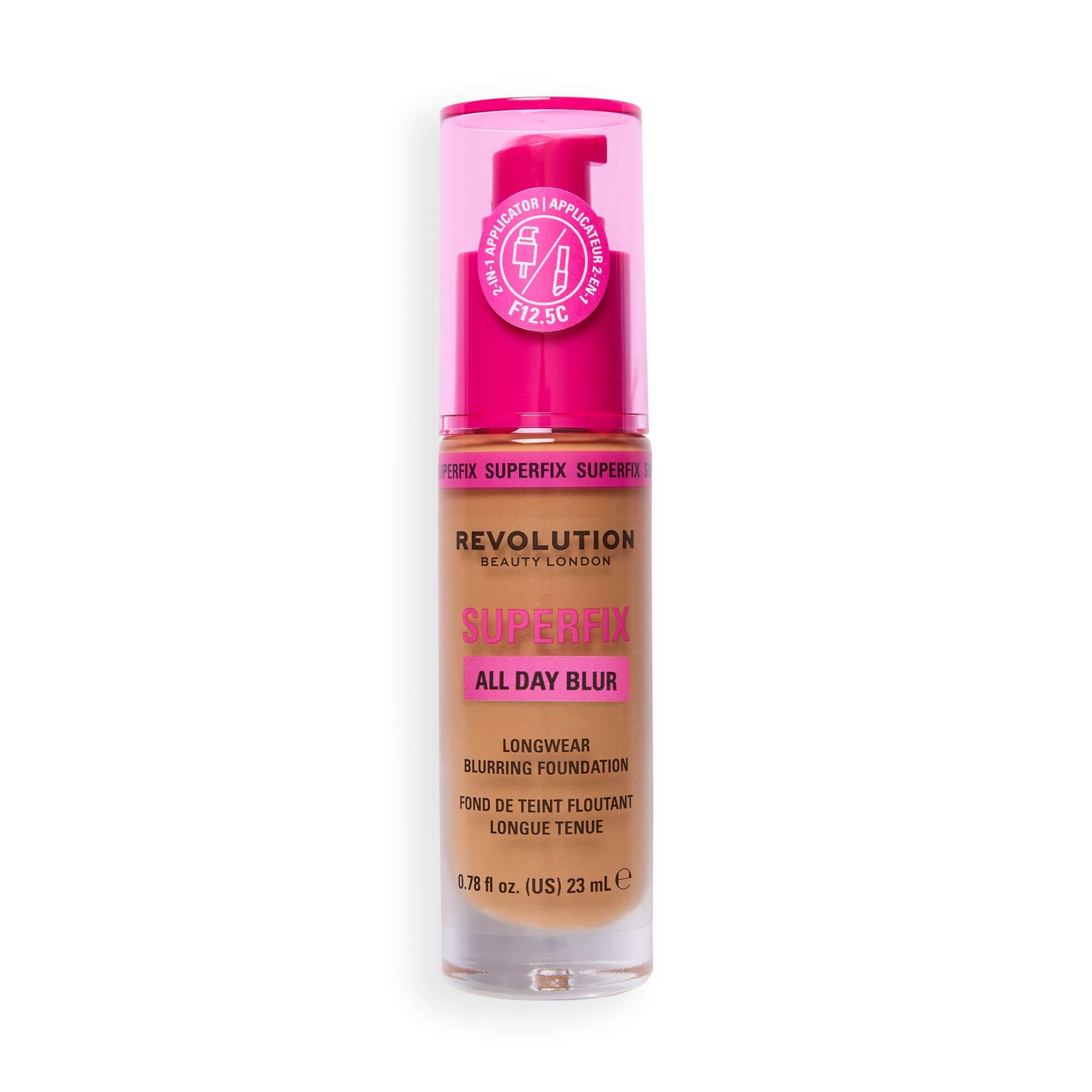 Revolution Superfix Blur Longwear Foundation F12.5C with soft matte finish and hyaluronic acid for hydration.