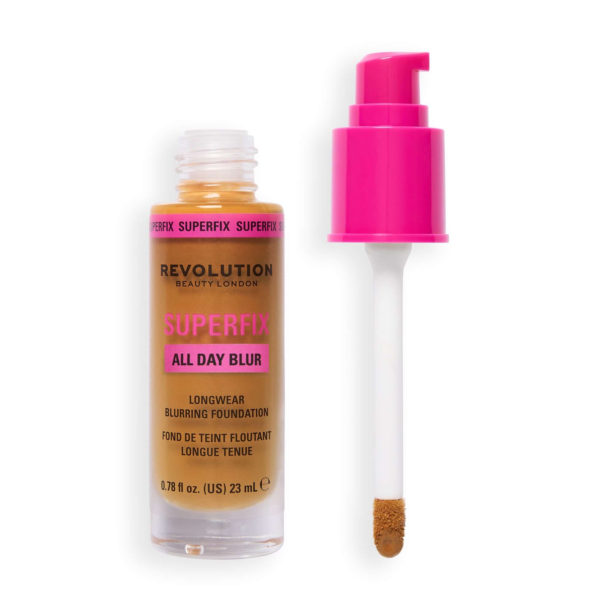 Revolution Superfix Blur Longwear Foundation bottle with a pump applicator and a concealer wand.