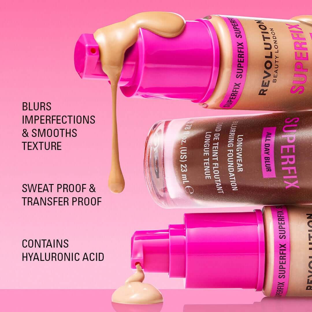 Revolution Superfix Blur Longwear Foundation bottles showcasing smooth texture and sweat-proof formula.