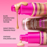 Revolution Superfix Blur Longwear Foundation bottles showcasing smooth texture and sweat-proof formula.