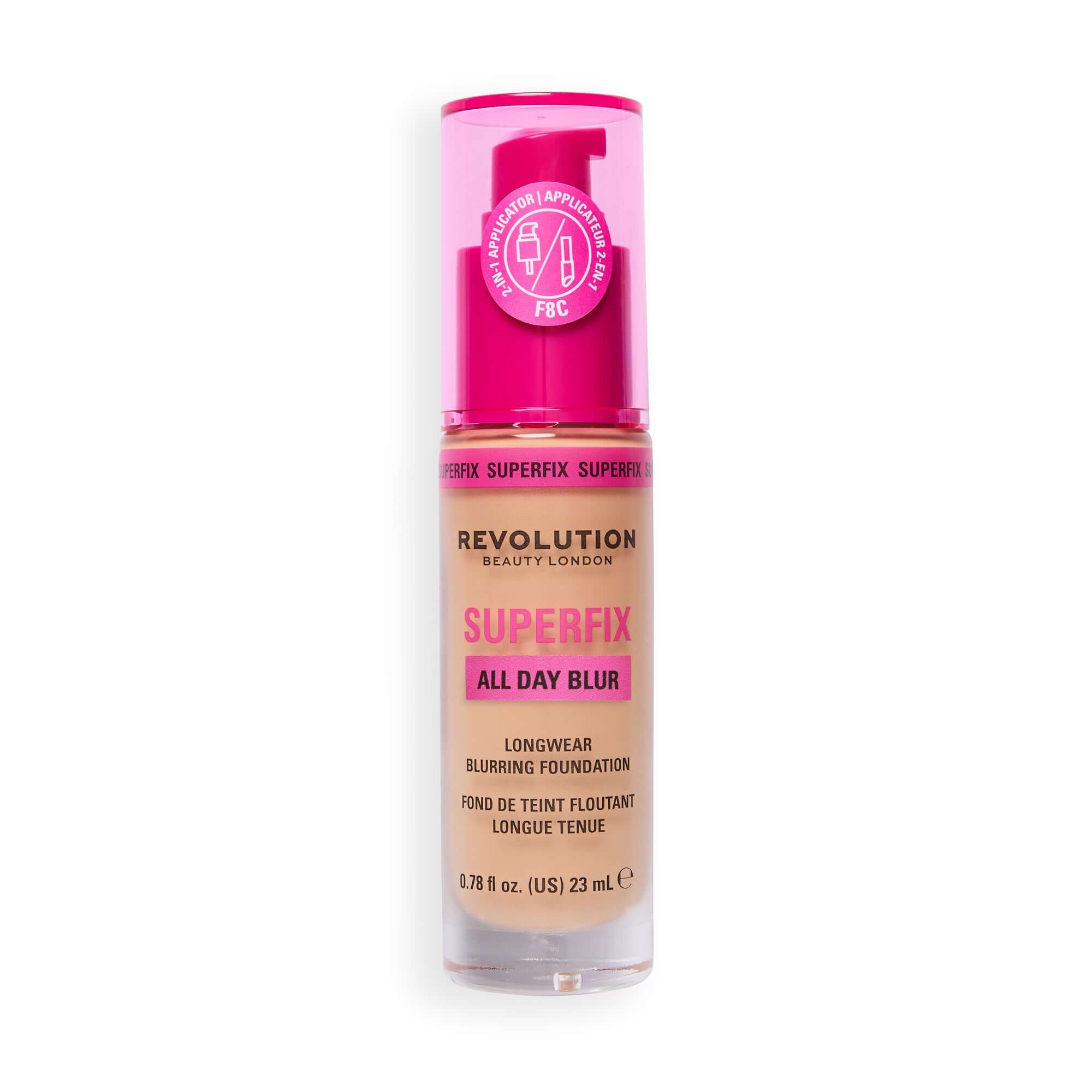 Revolution Superfix Blur Longwear Foundation in F8C, a breathable, skin-perfecting foundation with a soft-focus finish.
