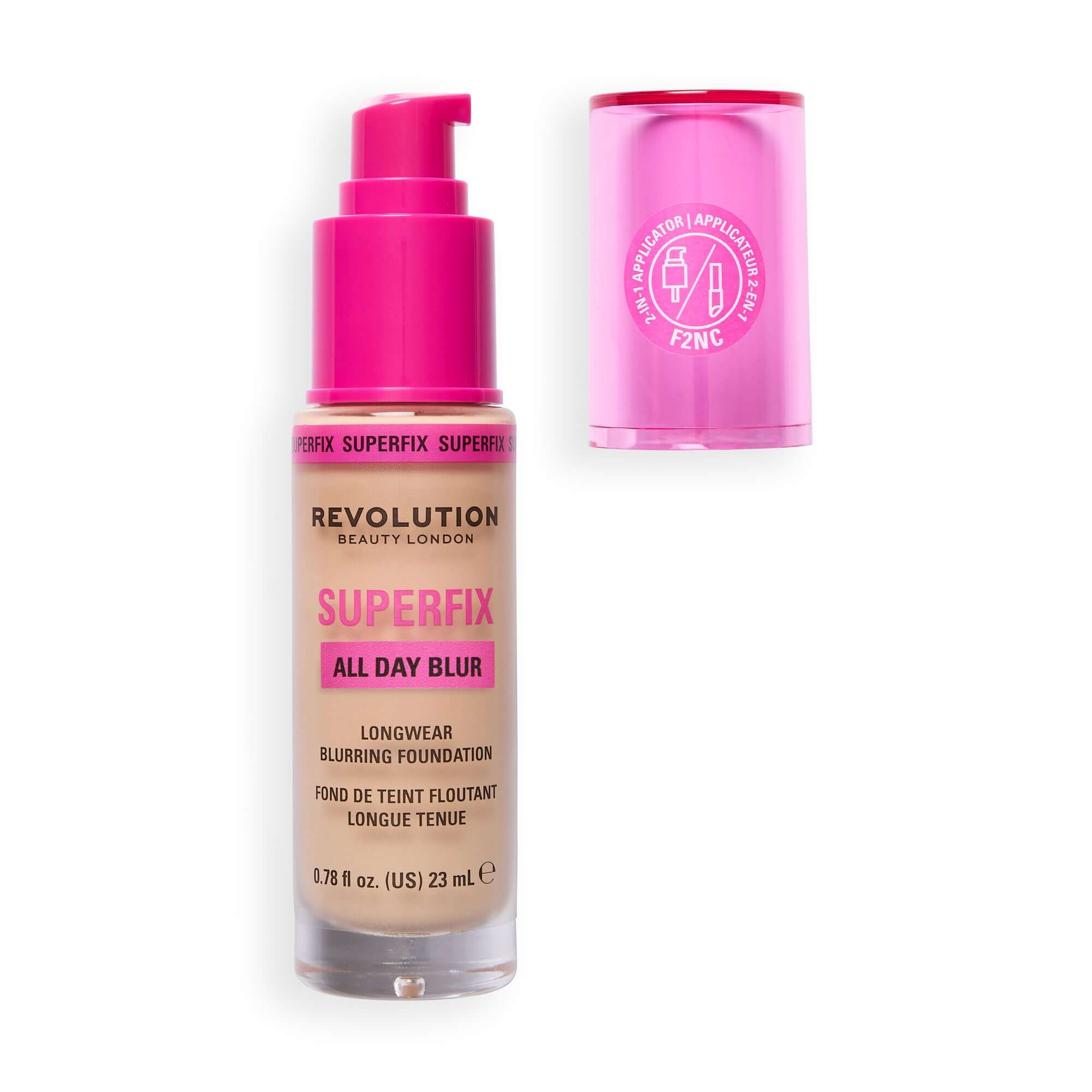 Revolution Superfix Blur Longwear Foundation bottle with pump and cap, showing skincare-infused makeup for breathable coverage.