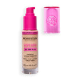 Revolution Superfix Blur Longwear Foundation bottle with pump and cap, showing skincare-infused makeup for breathable coverage.